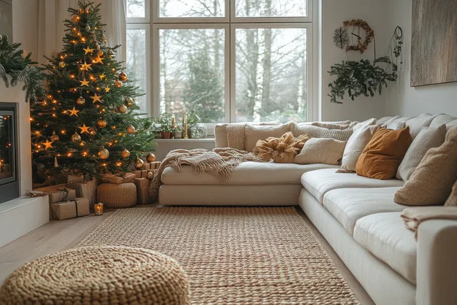A glowing Christmas tree stands beside a cream sofa in a Scandinavian living room with large windows and warm textiles.