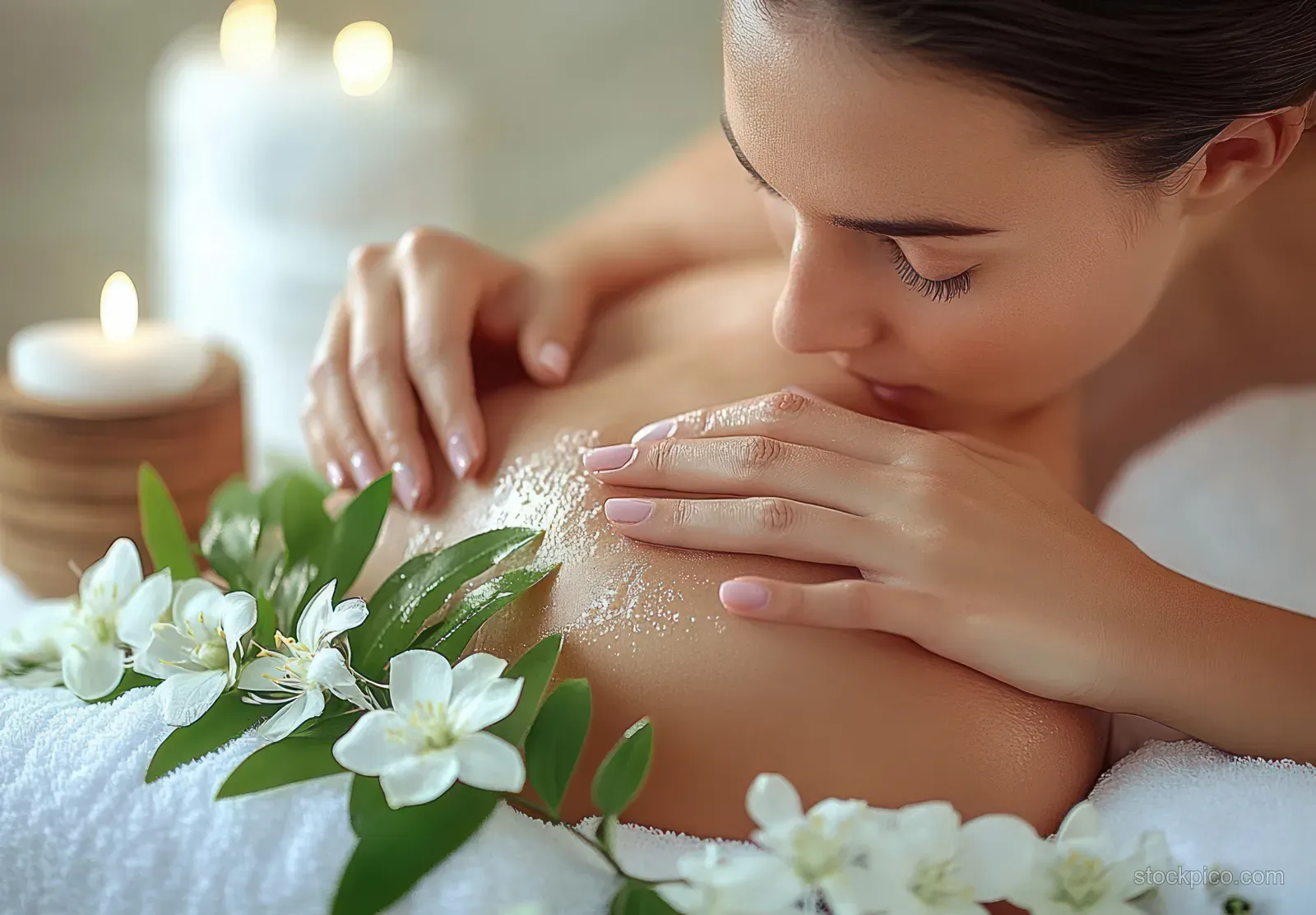 A woman receives an oil massage on a spa bed while jasmine flowers and candles create a calm atmosphere.