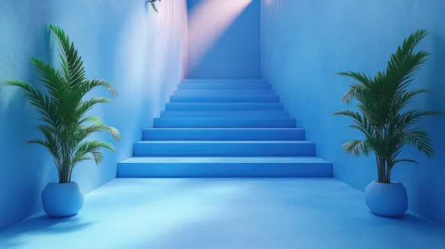 A blue staircase rises toward bright light with potted palm plants on both sides.