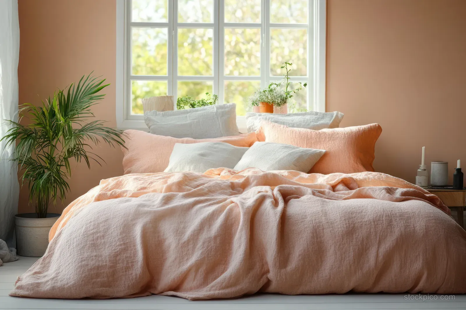 Peach-and-white bed with pillows in a bright bedroom, with plants, candles, and a wooden nightstand near the window.