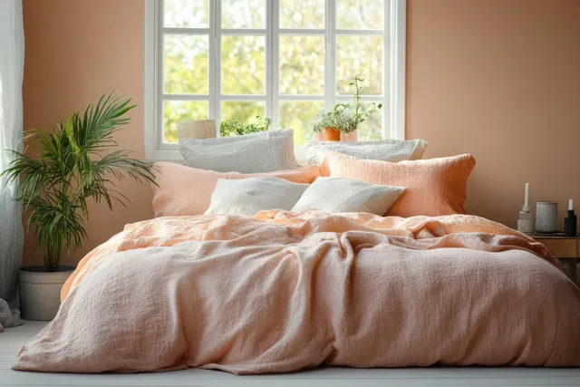 Cozy bedroom with large peach-and-white bed, pillows, candles, and potted palm by window
