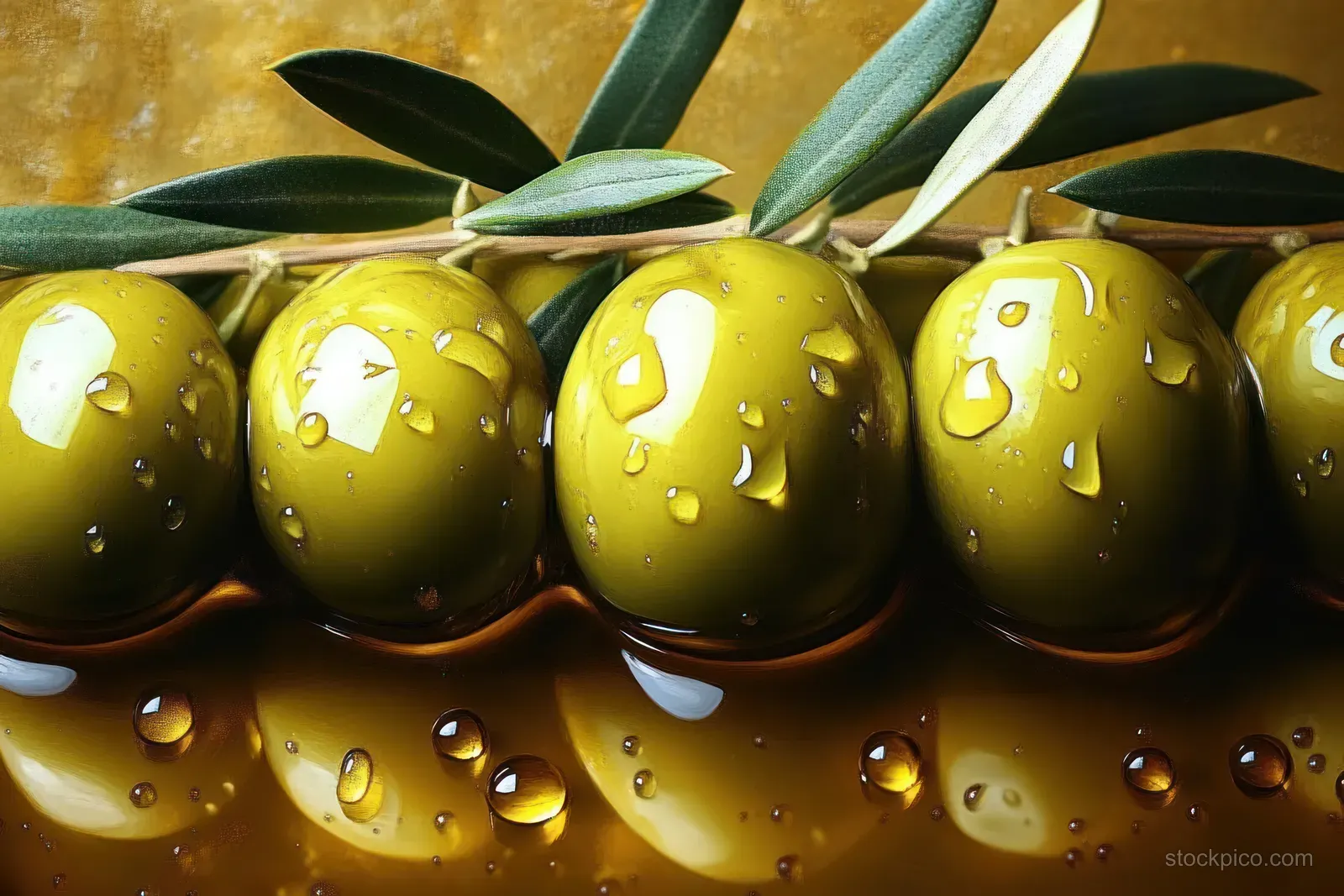 Green olives on an olive branch with water droplets and reflective highlights on a golden background.