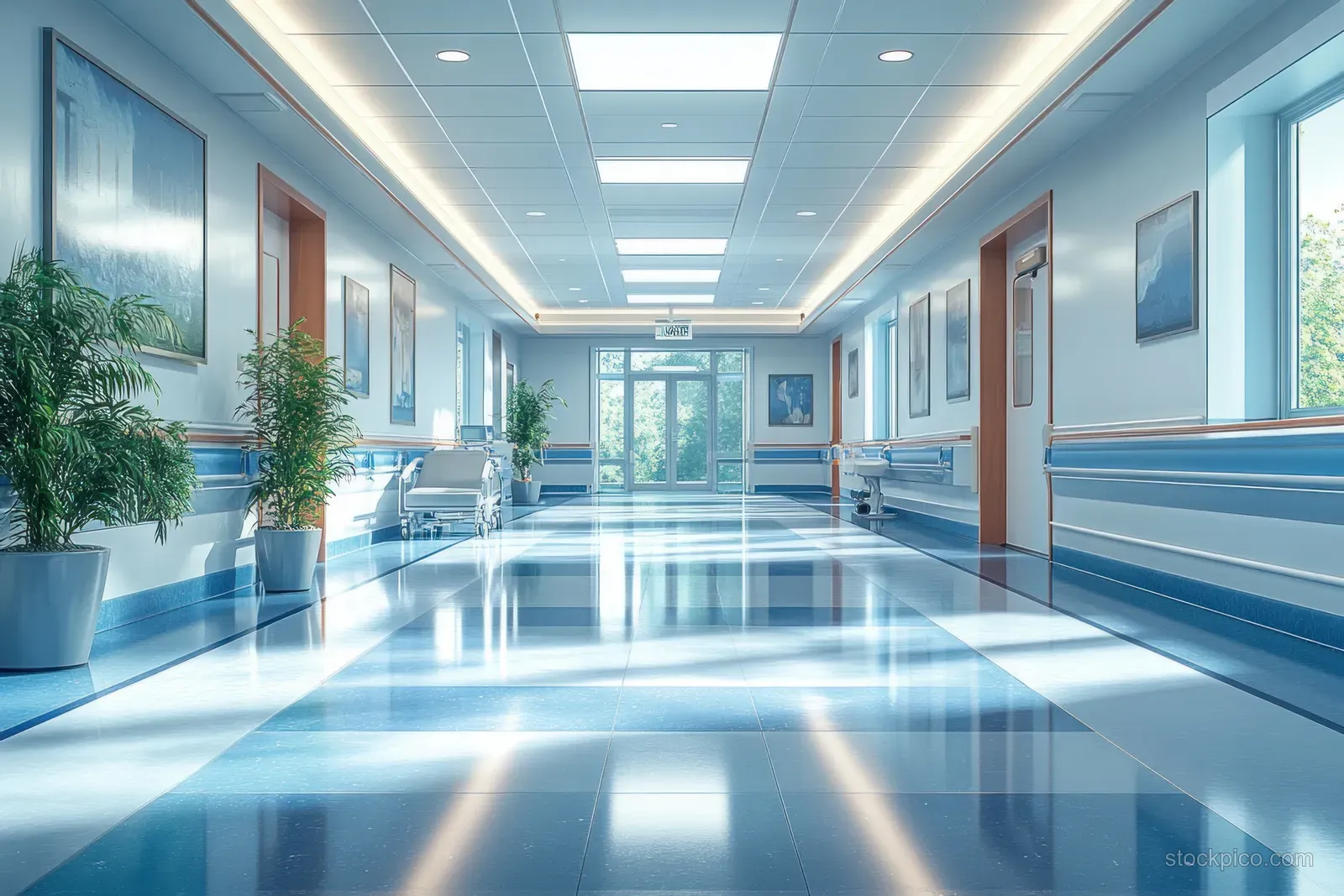 Empty dialysis ward corridor with sterile lighting, medical monitor screens, and hospital equipment along the walls.