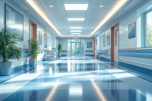 Empty dialysis ward corridor with sterile lighting, medical monitor screens, and hospital equipment along the walls.