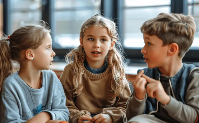 Diverse children seated at a classroom table discuss a school project while pointing toward a window.