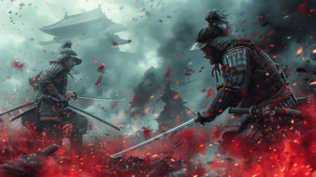 Samurai duel in the rain with flaming red sparks, sword clash at a shrine