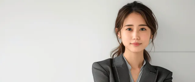Thoughtful Japanese businesswoman in gray suit against clean white office wall