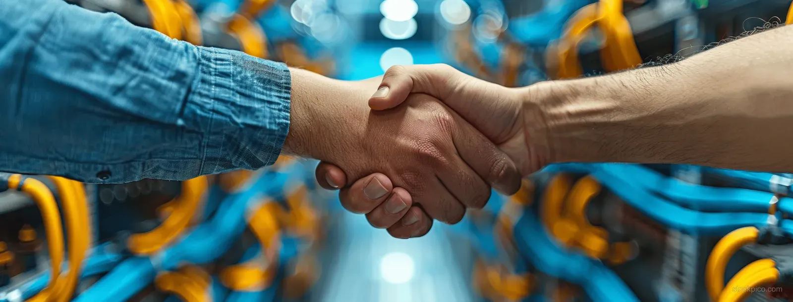 Two people shake hands in an office while colorful cables blur in the background.