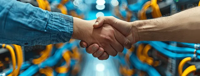 Two people shake hands in an office while colorful cables blur in the background.
