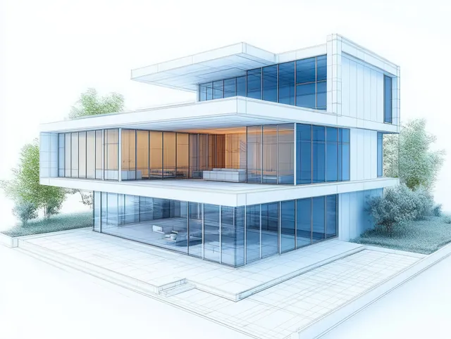 Three-story modern glass house with angular cantilever and landscaped greenery in daylight
