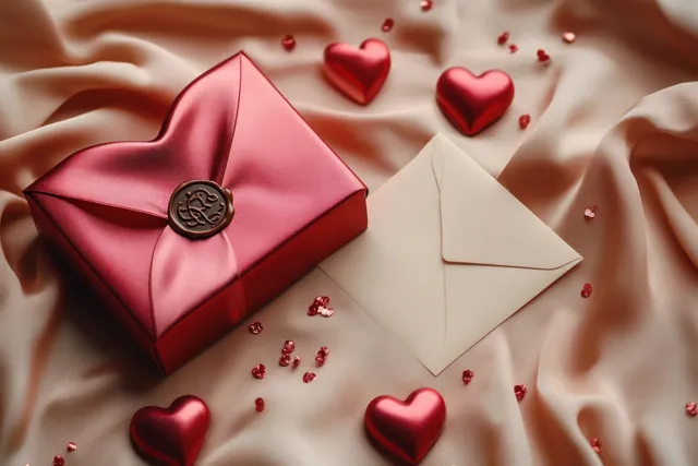 Heart-themed gift box and letter on silky beige fabric with scattered red hearts and chocolates.