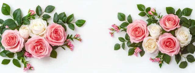 Pink and white rose bouquet on white background with scattered leaves