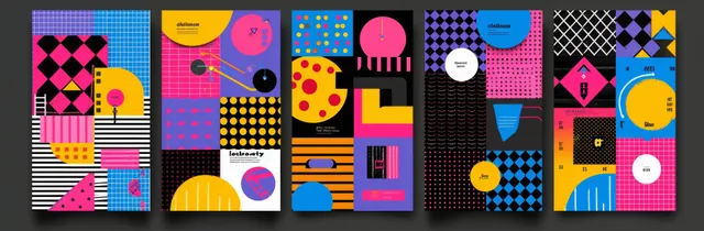 Four colorful geometric posters with circles, squares, triangles, and dotted textures arranged in a row.
