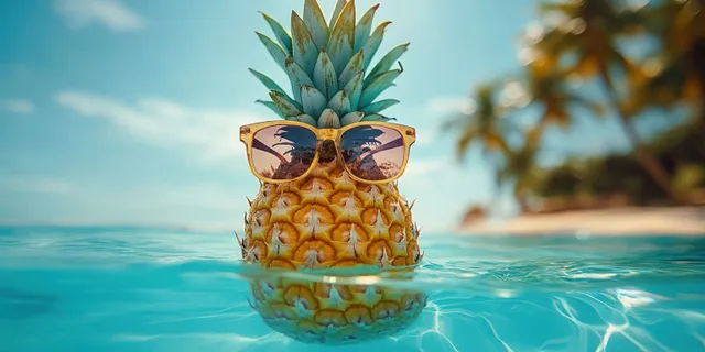A pineapple with sunglasses floats in clear turquoise water on a sunny tropical beach.