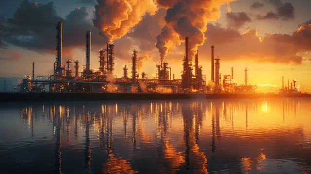 Oil refinery chimneys release smoke at dawn above mirrored water reflections.