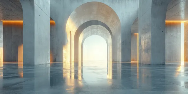 Empty concrete interior with columns, an arched opening, and bright daylight casting reflections across the floor.