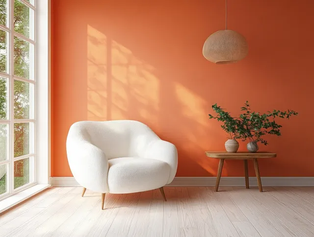White armchair in a sunlit living room corner beside a peach wall, small side table, and potted plant.