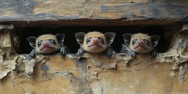 Three baby bats peek from a weathered wooden crevice with wide, curious eyes.