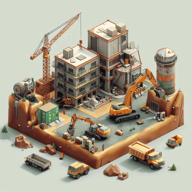 Isometric construction site with cranes, excavators, trucks, and industrial buildings