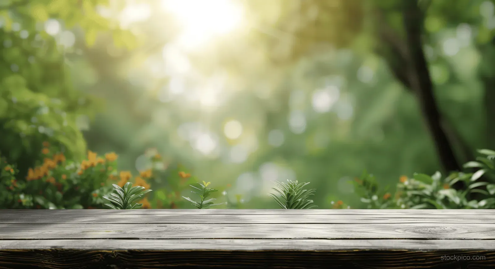 Rustic wooden table in a green garden with sunrays filtering through trees and soft blurred foliage in the background.