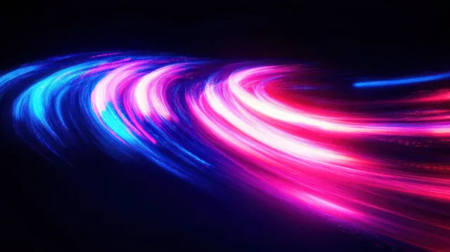 Blue and pink light trails swirl in curved streaks across a dark background.