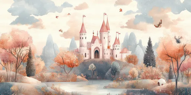 Watercolor fairytale landscape with a distant castle village, flowering bushes, and small bunnies on a snowy path under clouds.