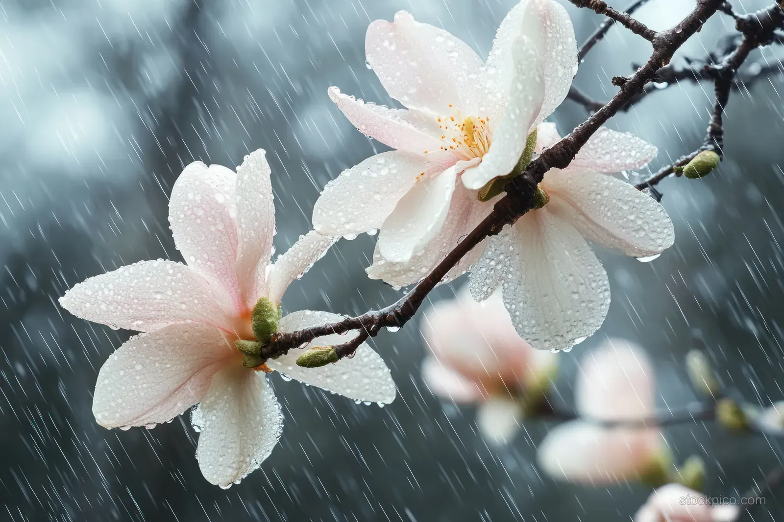White and pink blossoms on a wet branch sparkle with raindrops during gentle rain against a blurred blue-gray background.