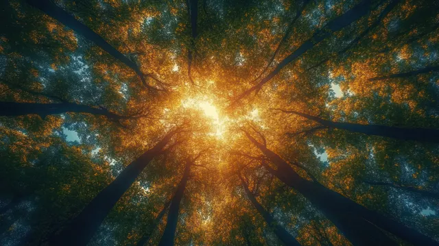 Sunlight beams through a dense forest canopy, highlighting glowing autumn leaves and dark tree trunks.