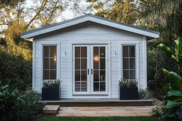 A small white garden house with glass double doors and windows on a deck, surrounded by lush green plants and trees.