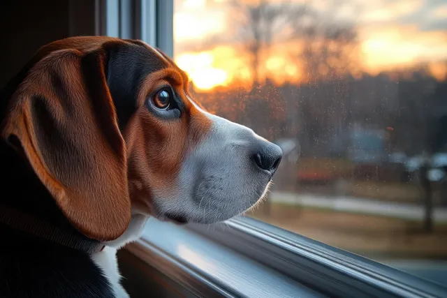 Beagle gazes pensively out a window at sunset, warm golden light on fur