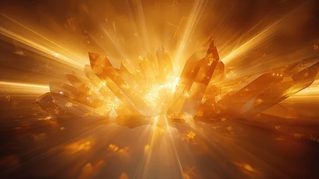 Golden geometric light rays emanating from a crystal-like center in dark space