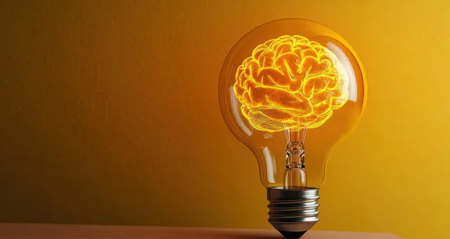Glowing light bulb with branching brain filament on warm yellow studio background
