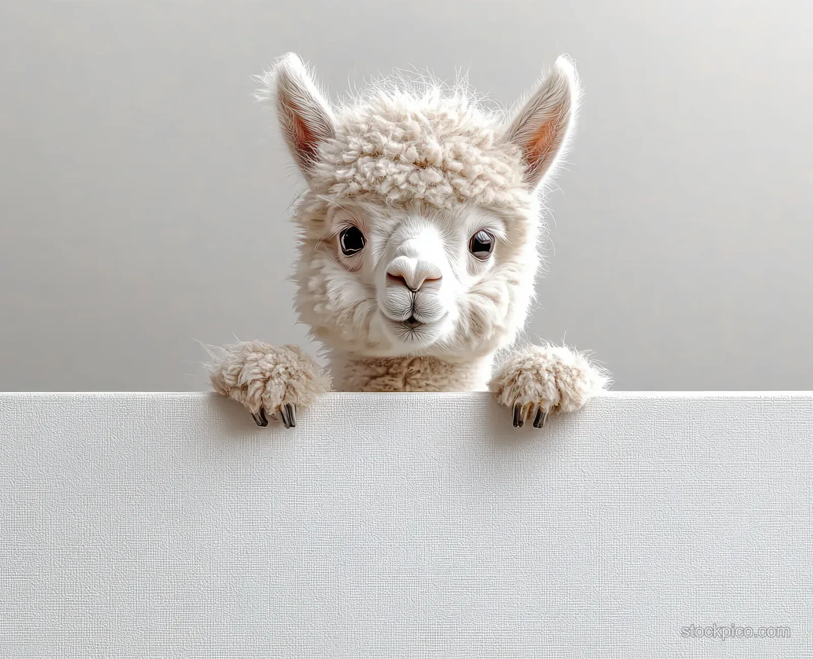 A tiny white fluffy animal with soft fur and a curious expression peeks over a clean white surface.