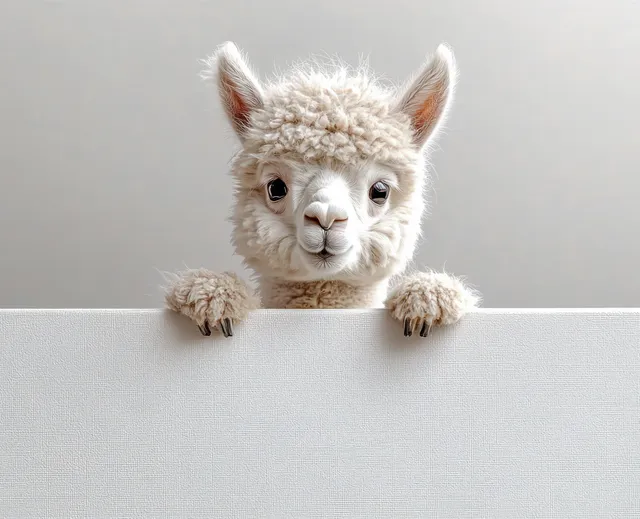 A tiny white fluffy animal with soft fur and a curious expression peeks over a clean white surface.