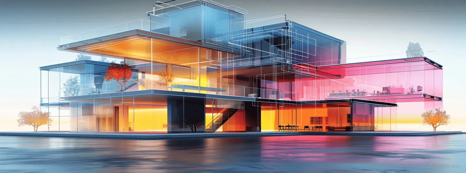 Symmetrical transparent futuristic house render with holographic projections and neon glass lighting reflections.