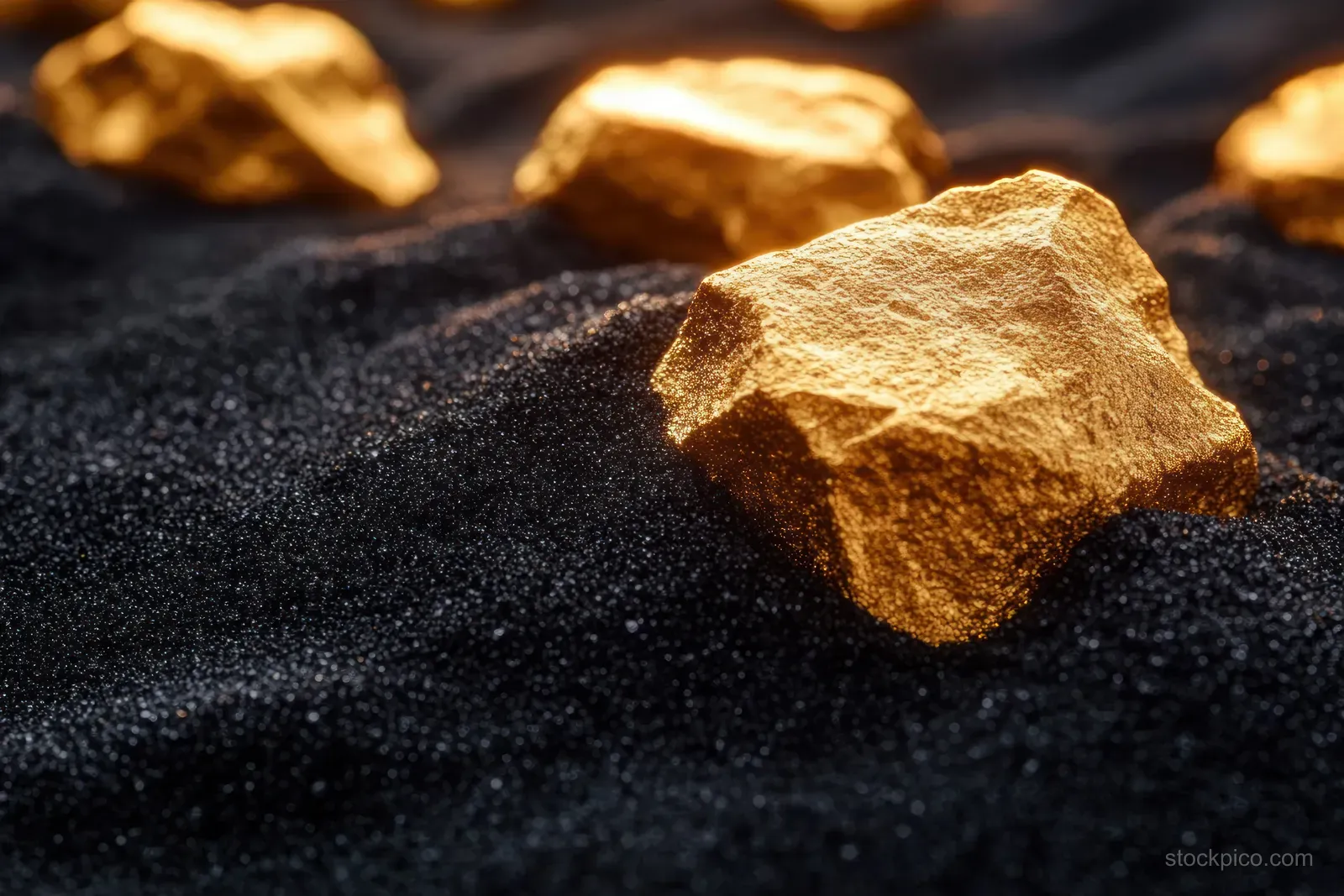 Gold nuggets resting on black sand with blurred pieces in the background.
