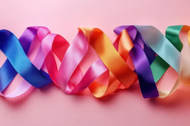 Intertwined blue, pink, purple, orange, and green awareness ribbons drape across a soft pink background.