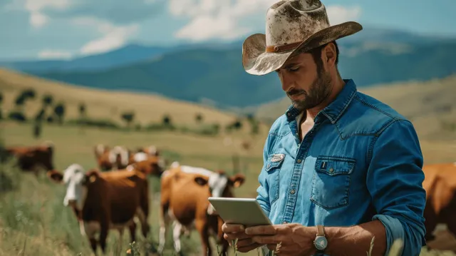 A cowboy in a hat holds a tablet while cattle graze in a mountain pasture under sunlight.