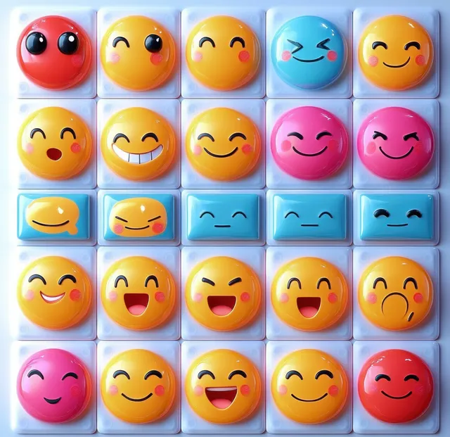 Colorful pop-art emoticon tiles grid showing happy sad angry faces