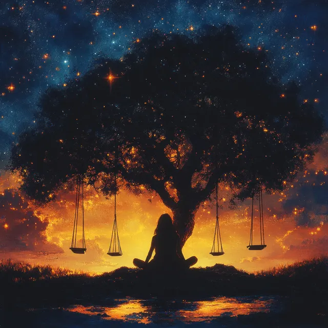 Silhouetted person meditating under a dark ancient tree beneath a starry night with glowing orange lights.