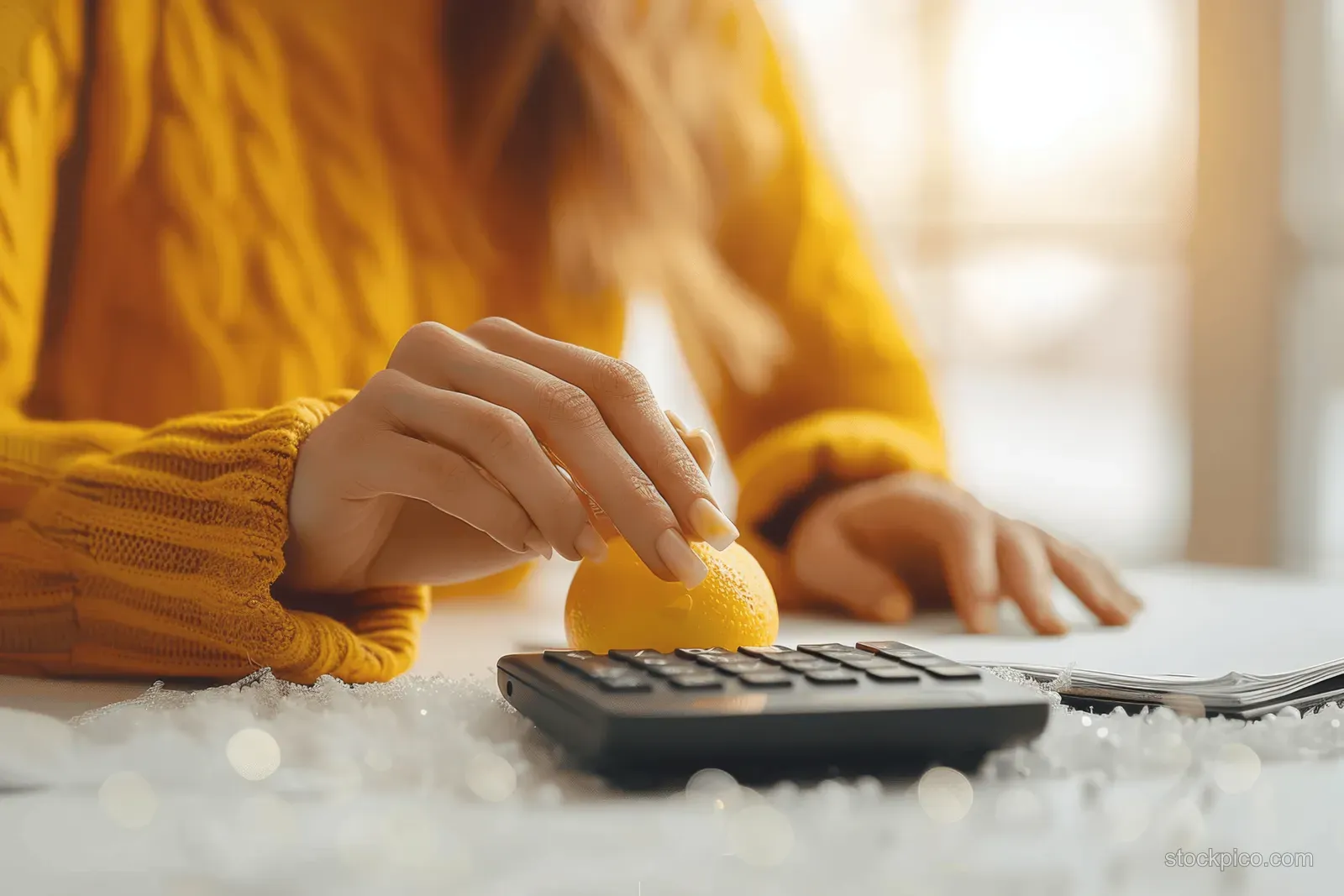 Woman in a yellow sweater presses a calculator keys over accounting documents on an office desk.