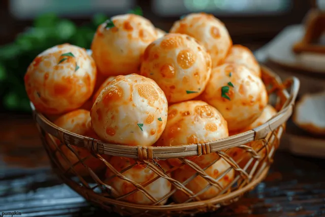 Brazilian cheese balls sit in a wicker basket on a wooden table, sprinkled with herbs against a blurred background.