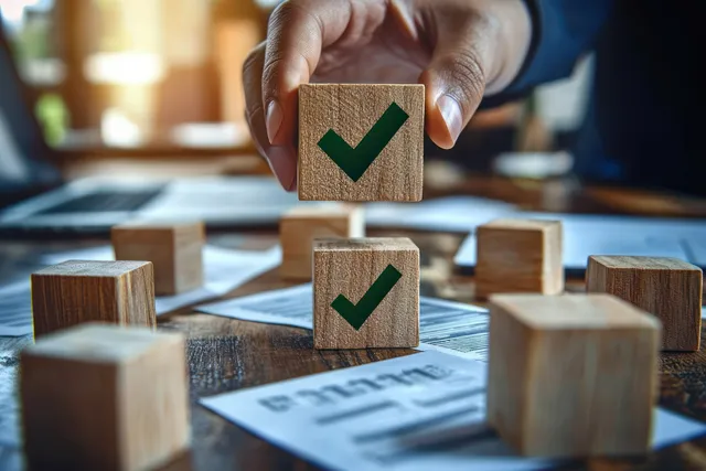 A hand places a wooden block with a green check mark on a table of documents and other wooden blocks.