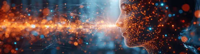 A clinician profile faces glowing AI data streams and holographic medical interfaces above a city lab background.