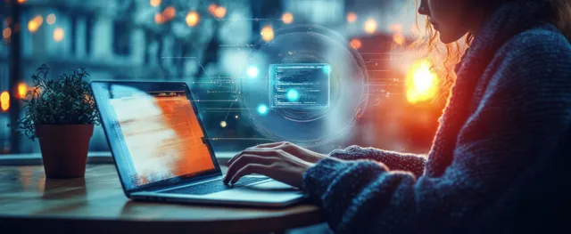 Person typing on a laptop at a warm desk with glowing digital network overlays in the background.