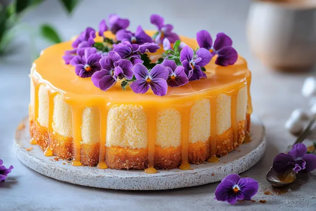Peach Passion Fruit Cake with Ladyfinger Border and Purple Flowers