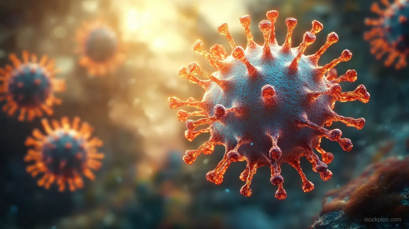 Glowing orange-spiked blue virus particles hover in a smoky background with blurred counterparts behind them.