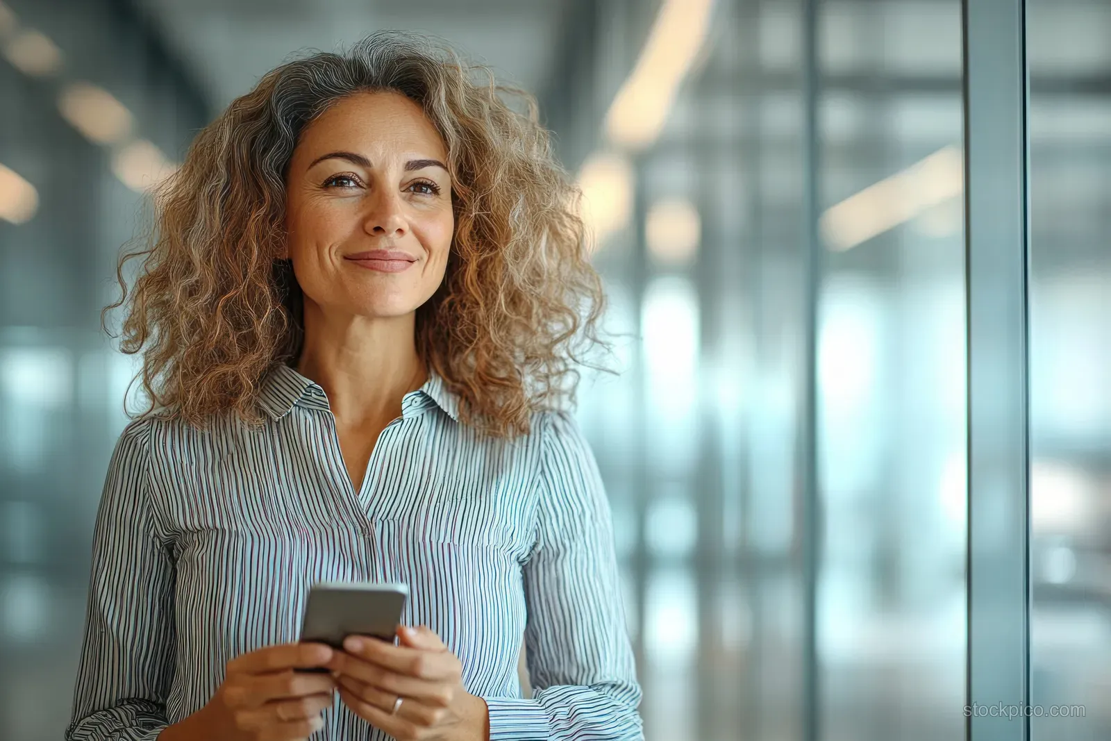 A smiling middle-aged businesswoman holds a smartphone in a bright glass office corridor.