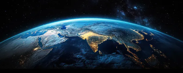 Earth from space with India and Tibet Himalayas beneath night city lights
