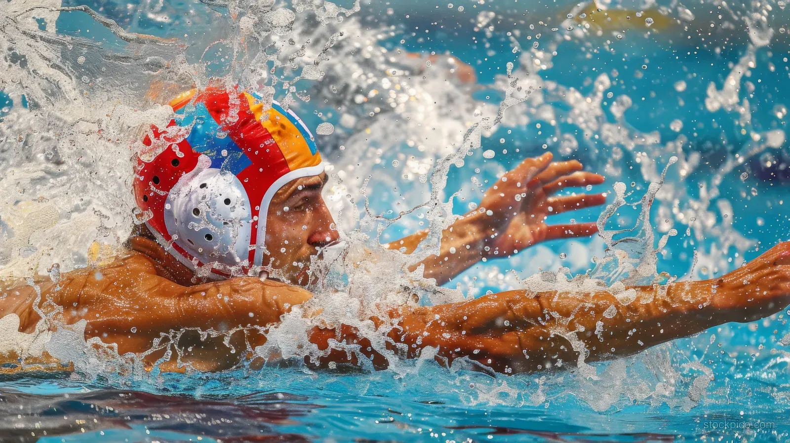 Men’s water polo player drives forward in the pool, splashing water as another teammate reaches from the side.
